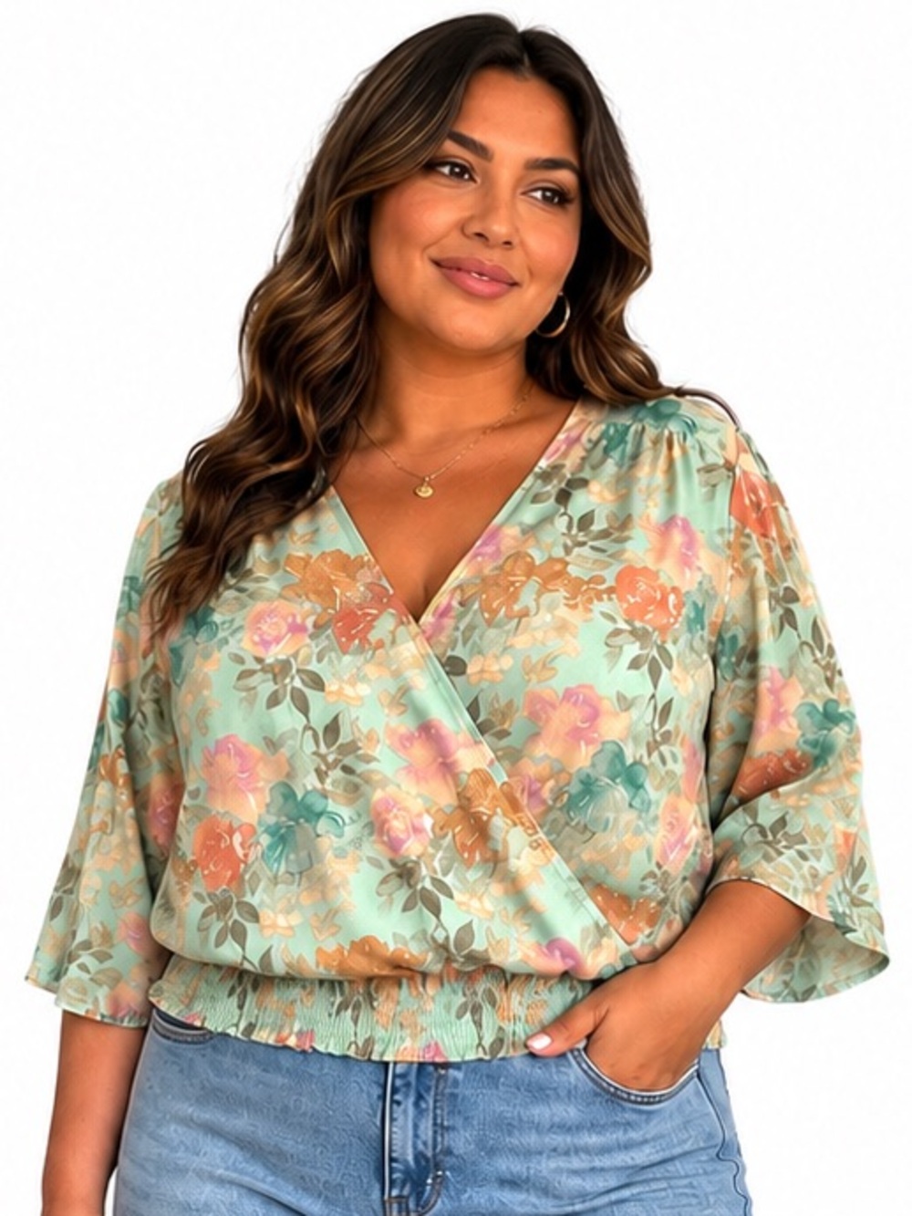 Cato Pastel Floral Wrap Blouse in Mint and Peach